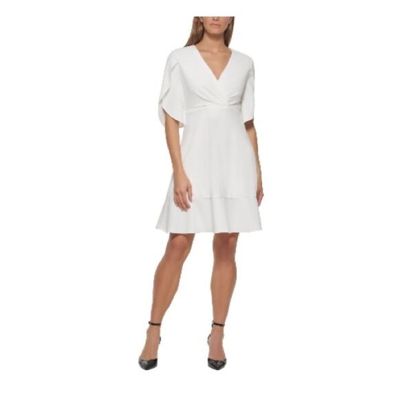 DKNY Womens Tulip-Sleeve V-Neck Dress Ivory Office Wear to Work Dress M - Picture 8 of 16